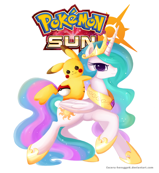 Size: 1700x1850 | Tagged: artist:exceru-karina, crossover, derpibooru import, pikachu, pokéball, pokémon, pokémon sun, princess celestia, safe, simple background, white background