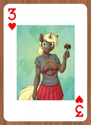 Size: 548x748 | Tagged: safe, artist:brianblackberry, derpibooru import, oc, oc:marina, unofficial characters only, anthro, unicorn, anthro oc, apple, borderlands, candy apple (food), clothes, food, playing card, pleated skirt, shirt, skirt, solo