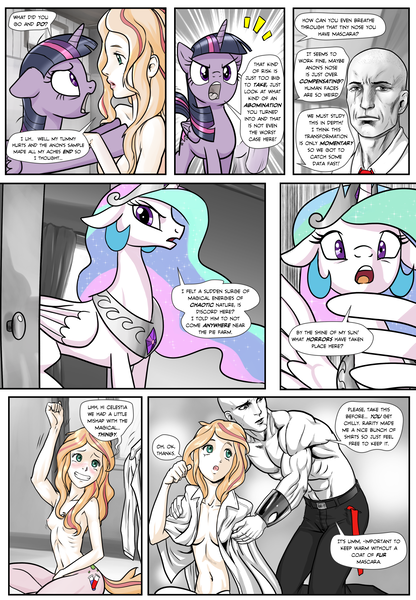 Size: 1331x1920 | Tagged: questionable, artist:pencils, derpibooru import, princess celestia, twilight sparkle, twilight sparkle (alicorn), oc, oc:anon, oc:mascara maroon, alicorn, human, pony, satyr, comic:anon's pie adventure, armpits, belly button, belt, bracer, breasts, clothes, comic, crown, crying, female, gentleman, human male, jewelry, looking back, male, manly tears, mare, muscles, necklace, nipples, nudity, open mouth, pants, partial nudity, regalia, satyrized, shirt, single tear, speech bubble, talking penis, topless