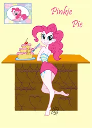 Size: 503x700 | Tagged: safe, artist:ninde ilustración, derpibooru import, pinkie pie, equestria girls, artifact, ass, barefoot, beautiful, breasts, butt, cake, clothes, cutie mark, cutie mark on equestria girl, feet, female, food, legs, looking at you, panties, sideboob, skinny, skirt, skirt lift, smiling, solo, spoon, thighs, underwear, upskirt, yellow underwear