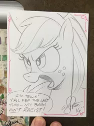 Size: 900x1200 | Tagged: safe, artist:andypriceart, derpibooru import, applejack, earth pony, pony, accent, andy you magnificent bastard, applejack's hat, cowboy hat, female, hat, mare, racist barn, solo, this ended in angry countryisms, traditional art, y'all