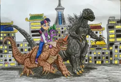 Size: 2657x1809 | Tagged: safe, artist:bozzerkazooers, derpibooru import, spike, twilight sparkle, human, kaiju, equestria girls, baragon, city, crossover, female, giantess, godzilla, godzilla (series), humanized, macro, traditional art