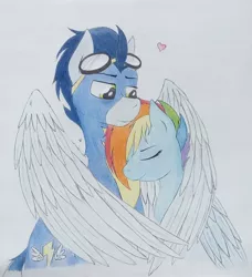 Size: 1750x1920 | Tagged: safe, artist:fernixx, derpibooru import, rainbow dash, soarin', pony, alternate hairstyle, clothes, female, heart, hug, male, shipping, soarindash, straight, traditional art, uniform, winghug, wonderbolts uniform