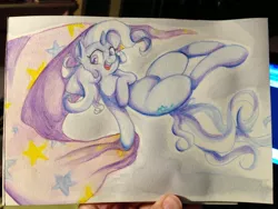 Size: 3264x2448 | Tagged: safe, artist:whale, derpibooru import, trixie, pony, unicorn, action pose, cape, clothes, female, mare, open mouth, solo, traditional art, trixie's cape