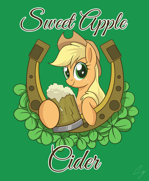 Size: 1024x1243 | Tagged: safe, artist:steffy-beff, derpibooru import, applejack, earth pony, pony, applejack's hat, cider, clover, cowboy hat, female, four leaf clover, freckles, green background, hat, horseshoes, looking at you, mare, poster, simple background, smiling, solo, stetson