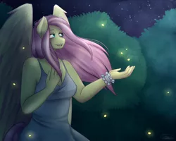 Size: 1280x1024 | Tagged: anthro, artist:rainbowhitter, clothes, derpibooru import, dress, firefly (insect), fluttershy, insect, night, safe, singing, solo, stars, windswept mane