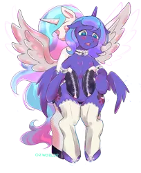 Size: 576x706 | Tagged: suggestive, artist:ozu, derpibooru import, princess celestia, princess luna, pony, semi-anthro, belly button, bipedal, blushing, clothes, cuffs (clothes), eyes closed, female, females only, fishnets, horseshoes, hug, hug from behind, incest, lesbian, nudity, open mouth, panties, princest, royal sisters, s1 luna, shipping, simple background, socks, spread wings, thigh highs, transparent background, underwear, wingboner, wings