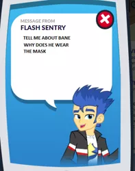 Size: 382x485 | Tagged: safe, derpibooru import, flash sentry, equestria girls, legend of everfree, app, baneposting, bill wilson, cia (batman), exploitable meme, meme, message from flash sentry, the dark knight rises