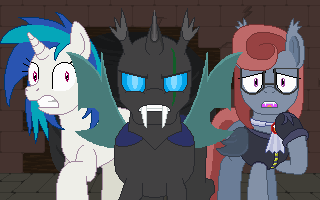 Size: 640x400 | Tagged: safe, artist:herooftime1000, derpibooru import, vinyl scratch, oc, oc:clavus, oc:cryptania, bat pony, changeling, pony, octavia in the underworld's cello, angry, dungeon, pixel art, scared