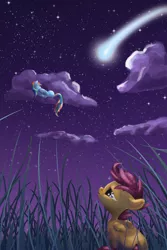 Size: 2000x3000 | Tagged: artist:sessalisk, bittersweet, cloud, derpibooru import, rainbow dash, sad, safe, scootaloo, scootaloo can't fly, shooting star