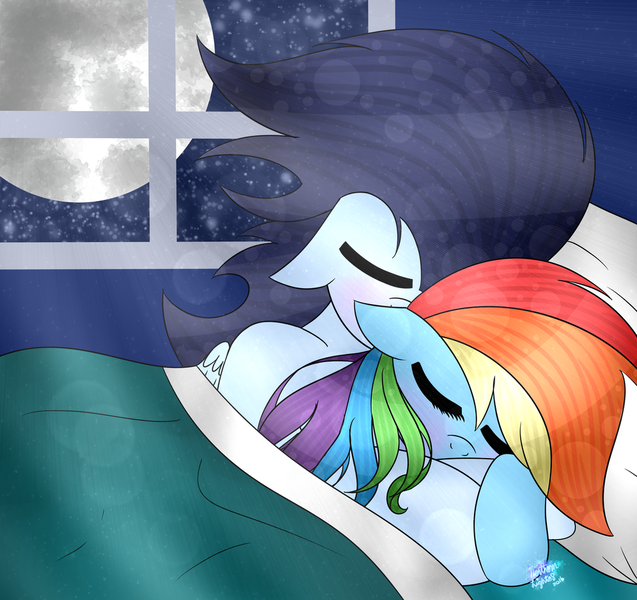 Size: 1024x964 | Tagged: safe, artist:northlights8, derpibooru import, rainbow dash, soarin', pony, bed, cuddling, female, male, shipping, sleeping, snuggling, soarindash, spooning, straight