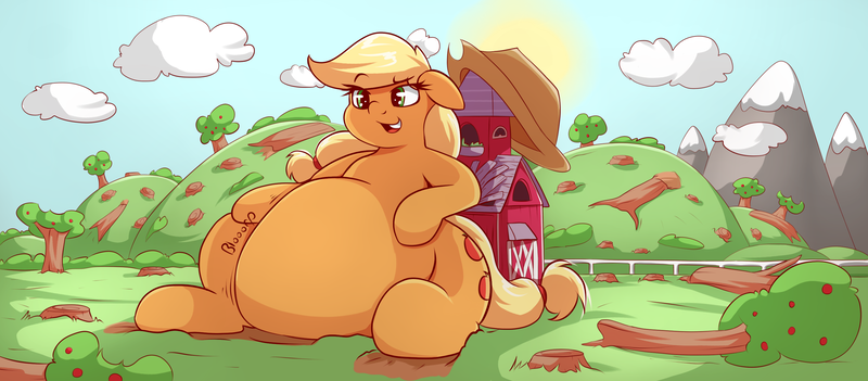 Size: 3000x1316 | Tagged: safe, artist:graphenescloset, derpibooru import, applejack, pony, apple, apple tree, applefat, applejack's hat, barn, belly, big belly, chubby, cloud, cowboy hat, fat, giant pony, hat, huge belly, macro, morbidly obese, obese, solo, stomach noise, sweet apple acres, tree