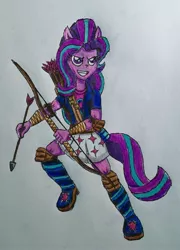 Size: 1902x2642 | Tagged: safe, artist:bozzerkazooers, derpibooru import, starlight glimmer, equestria girls, arrow, bow (weapon), bow and arrow, grin, ponied up, smiling, solo, traditional art, weapon