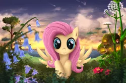 Size: 2123x1393 | Tagged: artist:atlas-66, cloud, derpibooru import, flower, fluttershy, fluttershy's cottage, looking at you, safe, shooting star, solo, spread wings, twilight (astronomy), wings