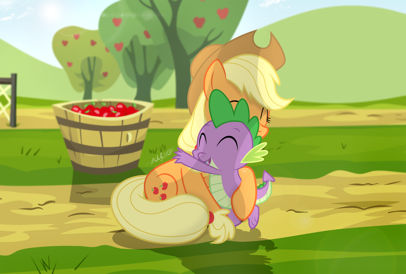 Size: 2859x1928 | Tagged: safe, artist:shutterflyeqd, derpibooru import, applejack, spike, dragon, earth pony, pony, apple, apple tree, applejack's hat, applespike, bucket, cowboy hat, cute, daaaaaaaaaaaw, eyes closed, female, food, hat, hug, male, mare, open mouth, shipping, spikelove, straight, sweet apple acres, tree