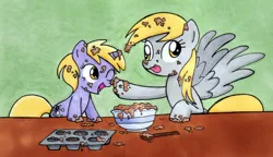 Size: 2139x1230 | Tagged: safe, artist:thedarklordkeisha, derpibooru import, derpy hooves, dinky hooves, pegasus, pony, boop, bowl, cute, equestria's best mother, female, mare, mother and child, mother and daughter, spoon