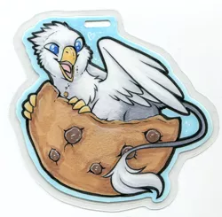 Size: 800x785 | Tagged: safe, artist:onnanoko, derpibooru import, oc, oc:der, unofficial characters only, gryphon, badge, con badge, cookie, food, micro, solo, that griffon sure "der"s love cookies