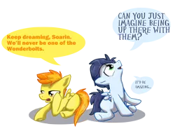 Size: 1890x1417 | Tagged: safe, artist:sharkayartist, derpibooru import, soarin', spitfire, pony, blank flank, colt, dialogue, female, filly, male, simple background, transparent background, younger