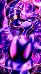 Size: 1024x1820 | Tagged: safe, artist:astroboygf, derpibooru import, twilight sparkle, twilight sparkle (alicorn), alicorn, pony, eyes closed, magic, rainbow power, solo, spread wings, watermark, wings