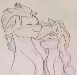 Size: 1189x1167 | Tagged: safe, artist:artistcoolpony, derpibooru import, applejack, soarin', pony, blushing, ear fluff, eyes closed, female, floppy ears, male, monochrome, nuzzling, pencil drawing, shipping, smiling, soarinjack, straight, traditional art