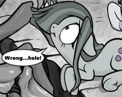 Size: 426x338 | Tagged: artist:pencils, comic, comic:anon's pie adventure, derpibooru import, edit, female, marble pie, monochrome, out of context, suggestive, wrong hole
