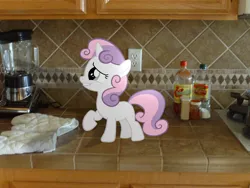 Size: 2592x1944 | Tagged: safe, artist:judgementmaster, derpibooru import, sweetie belle, pony, unicorn, blender (object), female, filly, irl, kitchen, photo, ponies in real life, raised hoof, this will end in tears and/or breakfast, vector, xk-class end-of-the-kitchen scenario