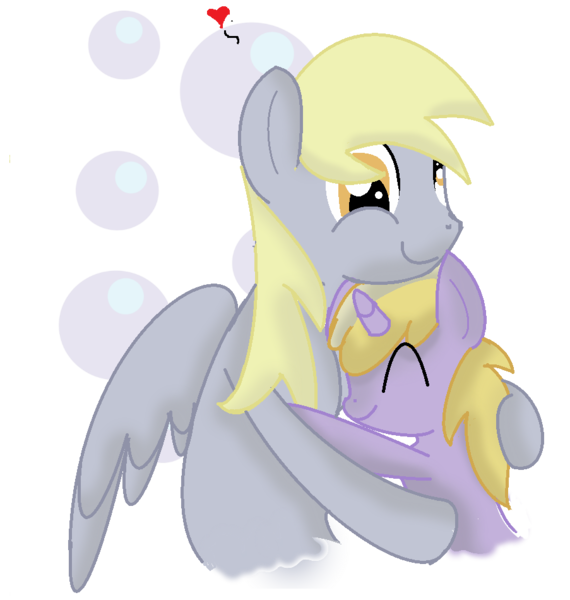 Size: 903x950 | Tagged: safe, artist:derpdoo, derpibooru import, derpy hooves, dinky hooves, pegasus, pony, bubble, cute, derpabetes, dinkabetes, equestria's best mother, female, heart, hug, mare, mother and child, mother and daughter, smiling