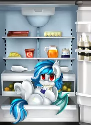 Size: 2550x3509 | Tagged: safe, artist:pridark, derpibooru import, oc, oc:snowflake, unofficial characters only, bat pony, pony, biting, caught, cheese, chubby, commission, cute, egg (food), fangs, food, juice, milk, orange juice, red eyes, refrigerator, solo, underhoof