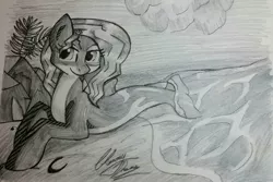 Size: 1367x915 | Tagged: artist:gleamydreams, derpibooru import, everfree northwest, monochrome, oc, oc:marina (efnw), orca, orca pony, original species, safe, solo, traditional art, unofficial characters only