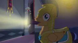 Size: 849x477 | Tagged: safe, artist:brutalweather studio, derpibooru import, screencap, flash sentry, pegasus, pony, flashlight (object), mouth hold, the cutie remark prequel, youtube link