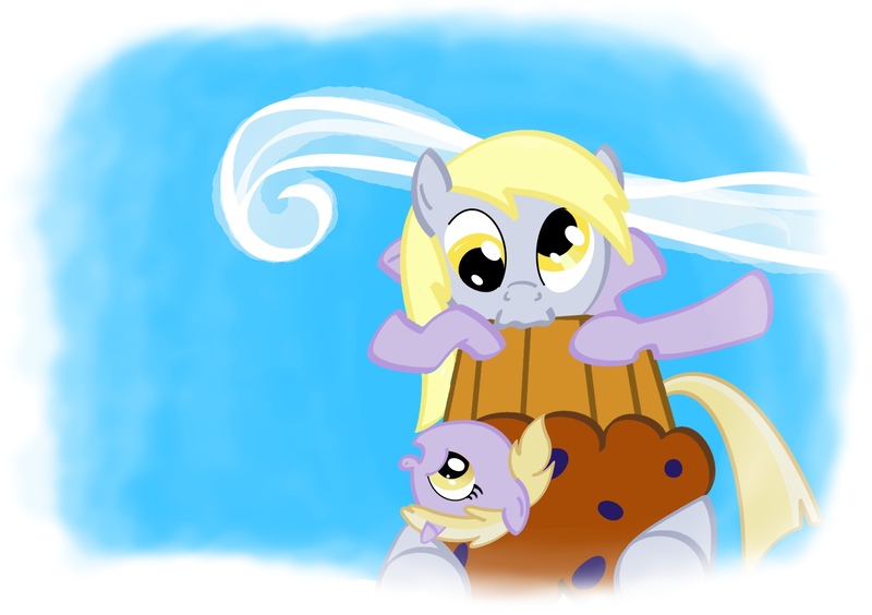 Size: 1425x1005 | Tagged: safe, artist:therecliner27, derpibooru import, derpy hooves, dinky hooves, pegasus, pony, equestria's best mother, female, food, giggling, mare, mother and child, mother and daughter, muffin, sky