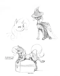 Size: 1100x1395 | Tagged: safe, artist:baron engel, derpibooru import, trixie, pony, unicorn, clothes, female, hat, mare, monochrome, pencil drawing, sketch, solo, traditional art, treasure, trixie's hat