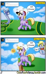 Size: 1280x2052 | Tagged: safe, artist:outofworkderpy, derpibooru import, derpy hooves, dinky hooves, dratini, pegasus, pony, unicorn, cliff, comic, cute, female, filly, mare, pokémon, pokémon go, this will end in death, this will end in tears, this will end in tears and/or death, walking