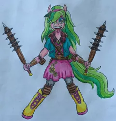 Size: 2135x2224 | Tagged: safe, artist:bozzerkazooers, derpibooru import, lemon zest, equestria girls, dual wield, kanabō, ponied up, solo, tongue out, traditional art, weapon