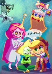 Size: 500x709 | Tagged: safe, artist:chi-iz, derpibooru import, applejack, human, equestria girls, adventure time, confused, crossover, excited, humanized, korean, ludo, peridot (steven universe), princess bubblegum, star butterfly, star vs the forces of evil, steven universe