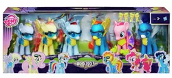 Size: 1523x696 | Tagged: safe, derpibooru import, derpy hooves, fluttershy, pinkie pie, rainbow dash, soarin', spitfire, pegasus, pony, cheerleader, clothes, female, mare, that one nameless background pony we all know and love, toy, uniform, wonderbolt trainee uniform, wonderbolts, wonderbolts uniform, wondershy