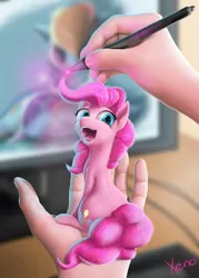 Size: 1015x1416 | Tagged: 3d, artist:the1xeno1, derpibooru import, drawn into existence, hand, happy, in goliath's palm, micro, open mouth, painting, pen, pinkie pie, safe, smiling