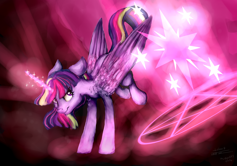 Size: 1024x717 | Tagged: safe, artist:loladotz, derpibooru import, twilight sparkle, twilight sparkle (alicorn), alicorn, pony, bucking, floppy ears, magic, solo