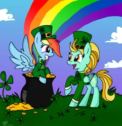 Size: 1944x2018 | Tagged: safe, artist:daisy-dictator, derpibooru import, lightning dust, rainbow dash, gold, holiday, irish, leprechaun, rainbow, saint patrick's day