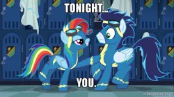 Size: 800x449 | Tagged: safe, derpibooru import, edit, edited screencap, screencap, rainbow dash, soarin', pegasus, pony, newbie dash, aqua teen hunger force, caption, clothes, duo, female, image macro, male, meme, rainbow fash, shipping, soarindash, squishy chest, straight, text, tonight you, uniform, wonderbolts uniform