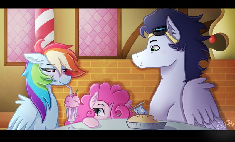 Size: 2400x1450 | Tagged: safe, artist:kikirdcz, derpibooru import, pinkie pie, rainbow dash, soarin', pony, 30 day otp challenge, blushing, date, female, flag, food, male, milkshake, pie, pinkie the shipper, prehensile mane, shipper on deck, shipping, soarindash, straight, sugarcube corner