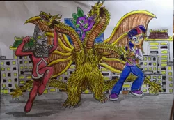 Size: 2985x2054 | Tagged: artist:bozzerkazooers, crossover, derpibooru import, female, giantess, godzilla (series), human, humanized, kaiju, king ghidorah, macro, safe, spike, traditional art, twilight sparkle, ultraman, ultra seven