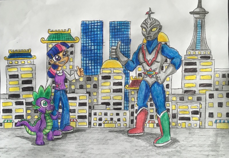 Size: 2830x1960 | Tagged: artist:bozzerkazooers, city, crossover, derpibooru import, female, giantess, godzilla (series), human, humanized, macro, safe, spike, traditional art, twilight sparkle, zone fighter