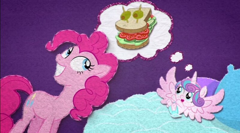 Size: 855x475 | Tagged: safe, derpibooru import, screencap, pinkie pie, princess flurry heart, alicorn, pony, baby, baby flurry heart's heartfelt scrapbook, diaper, food, sandwich, sandwich armor, thought bubble