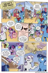 Size: 1200x1845 | Tagged: safe, artist:muffinshire, derpibooru import, night light, twilight sparkle, twilight velvet, pony, comic:twilight's first dance, adorkable, comic, cute, dancing, dialogue, dork, ear plugs, female, filly, filly twilight sparkle, muffinshire is trying to murder us, pointy ponies, princess celestia's school for gifted unicorns, speech bubble, spit take, tautology, typewriter, younger
