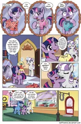 Size: 1200x1845 | Tagged: anvil, artist:muffinshire, clothes, comic, comic:twilight's first dance, derpibooru import, dialogue, dress, farrier, female, filly, filly twilight sparkle, floppy ears, horseshoes, muffinshire is trying to murder us, night light, safe, speech bubble, twilight sparkle, twilight velvet, undersized clothes, younger
