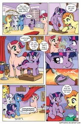 Size: 1200x1845 | Tagged: artist:muffinshire, brannock device, comic, comic:twilight's first dance, derpibooru import, dialogue, farrier, female, file, filly, filly twilight sparkle, hammer, horseshoes, magic, muffinshire is trying to murder us, nails, night light, oc, safe, speech bubble, telekinesis, twilight sparkle, twilight velvet, younger