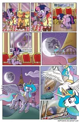 Size: 1200x1845 | Tagged: artist:muffinshire, cake, clothes, comic, comic:twilight's first dance, derpibooru import, dress, female, filly, filly twilight sparkle, floppy ears, food, mare in the moon, moon, moon work, no dialogue, oc, oc:lemon burst, oc:orange twist, princess celestia, punch bowl, punch (drink), safe, skirt, stain, twilight sparkle, younger
