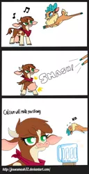 Size: 920x1800 | Tagged: safe, artist:jessesmash32, derpibooru import, arizona cow, velvet reindeer, cow, deer, reindeer, them's fightin' herds, baneposting, cloven hooves, comic, community related, dialogue, female, knock out, milk, tongue out, udder, udder smash, unconscious, wat, weaponized boobs, x eyes