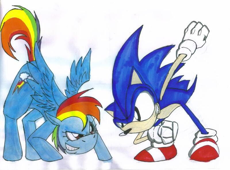 Size: 861x636 | Tagged: artist:gojira007, crossover, derpibooru import, rainbow dash, safe, sonic the hedgehog, sonic the hedgehog (series), traditional art